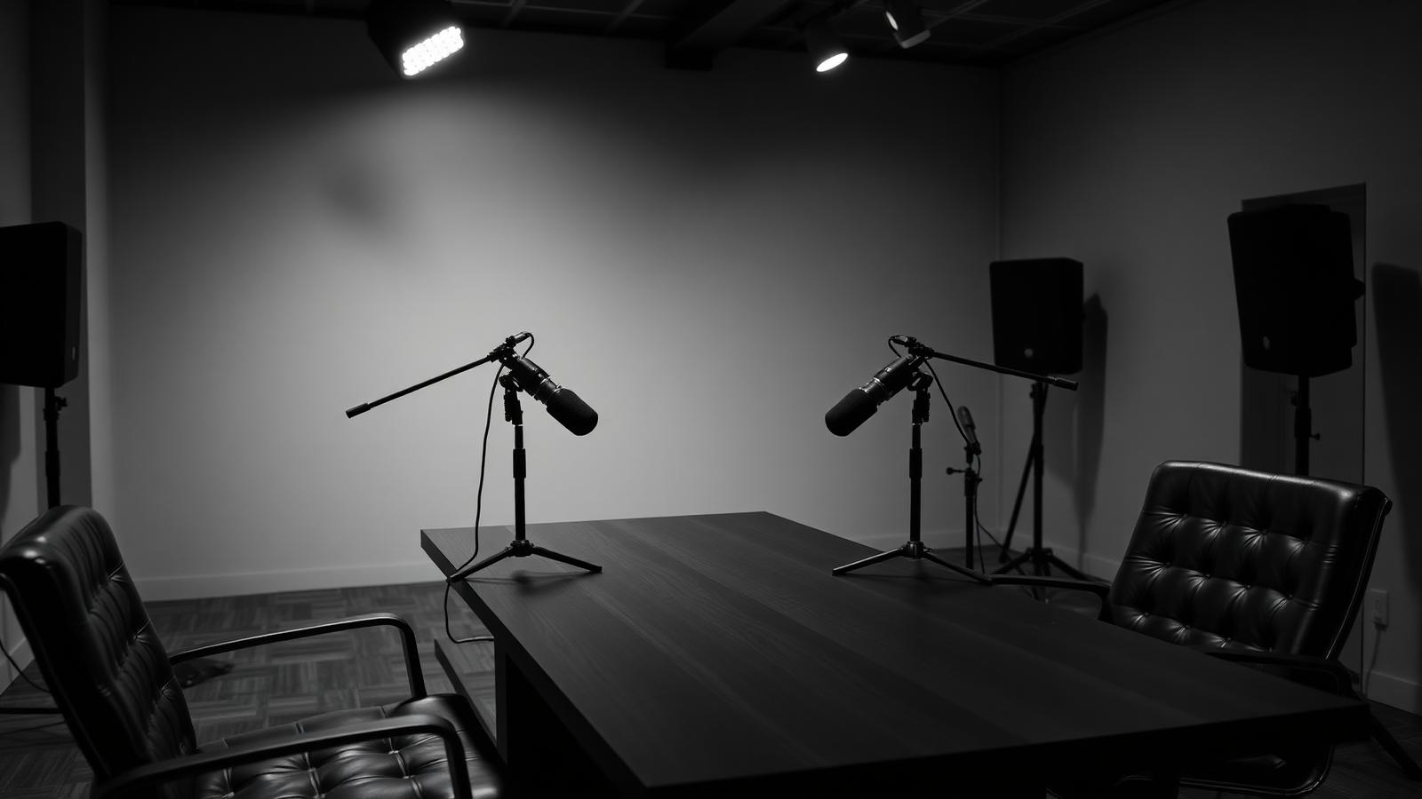 Kurumsal podcast masası ve bum mikrofonlar